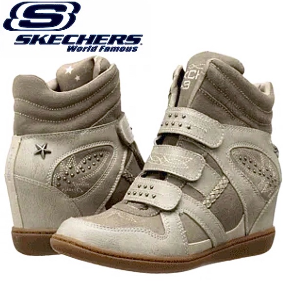 SKECHERS SKCH+3 hidden Wedges Platform Sneakers taupe suede leather high tops - Picture 1 of 10